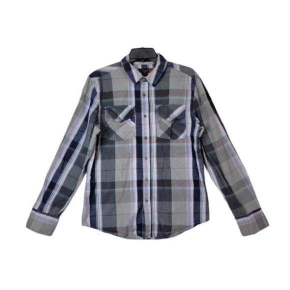 G by Gues Men's Size Medium Plaid Polo Dress Shirt Gray Cotton Long Sleeves - Picture 6 of 8